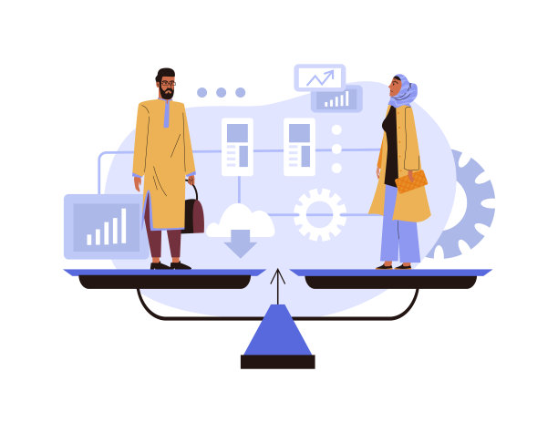 穆斯林男女站在天平上保持平衡，平矢量概念关于平等的职业机会。图片下载