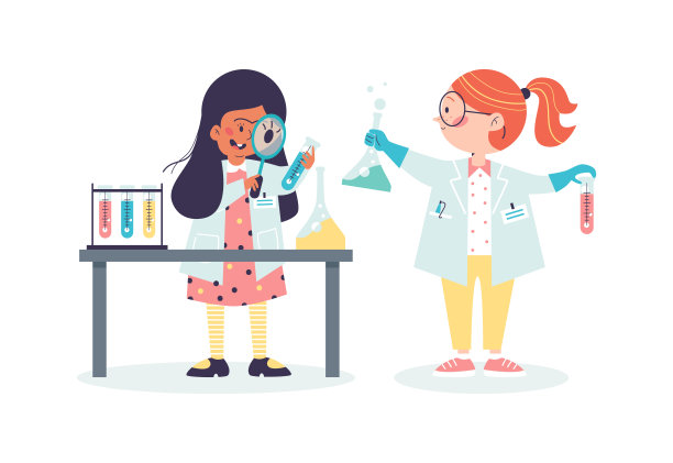 孩子们在化学实验室里做实验，在平面上学习化学图片下载