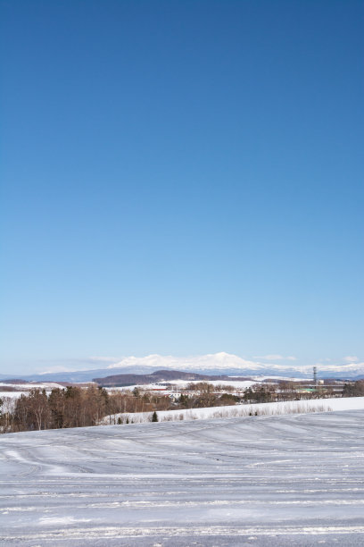 在阳光明媚的冬日里，覆盖着融雪剂的田野和雪山图片下载