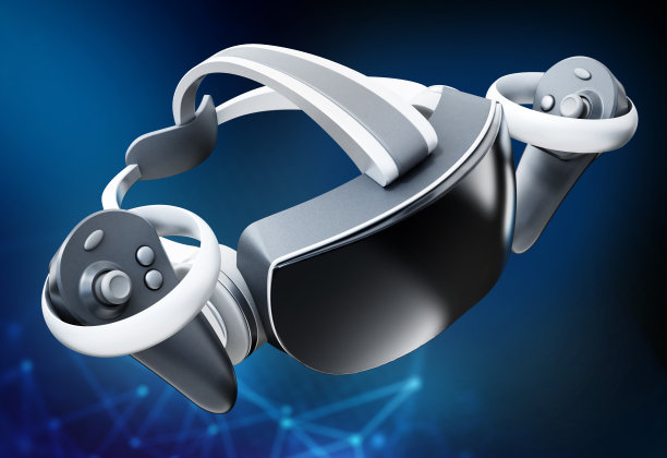 通用虚拟现实耳机与左手和右手控制器对深蓝色的背景图片下载