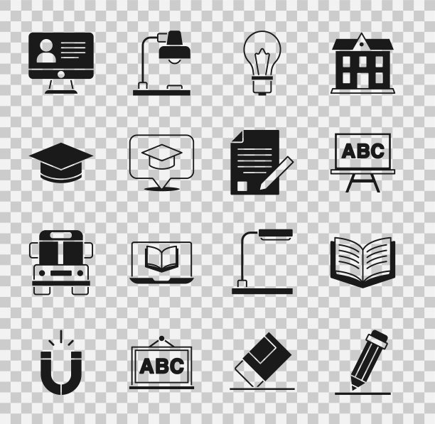 设置铅笔与橡皮擦，打开的书，黑板，灯泡的想法，毕业帽在演讲泡泡，在线课程和考试表和铅笔图标。向量图片下载