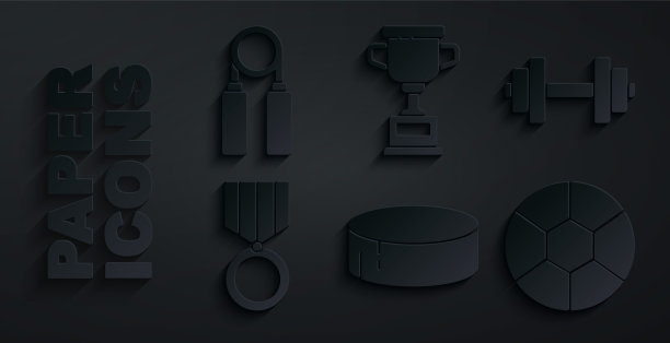 设置冰球，哑铃，奖章，足球，奖杯和运动扩展图标。向量图片下载