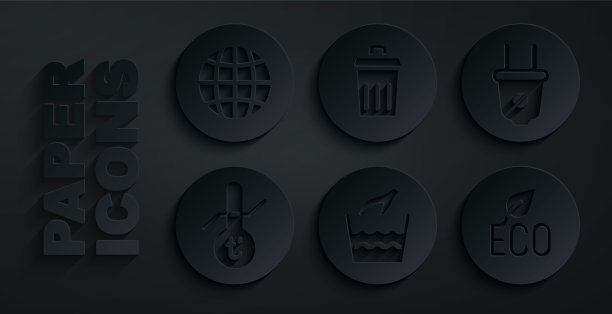 设置手洗衣服，电插头，气象温度计，树叶生态标志，垃圾桶和社会网络图标。向量图片下载