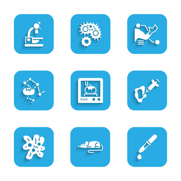 设置3D打印技术，实验小鼠，移液管，注射器，细胞，转基因食品，假肢和显微镜图标。向量图片下载