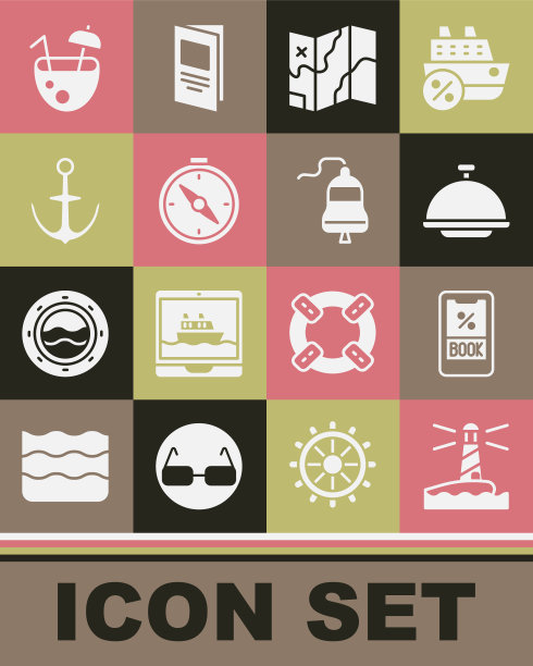 设置灯塔，巡航票，覆盖托盘，折叠地图，指南针，锚，椰子鸡尾酒和船钟图标。向量图片下载