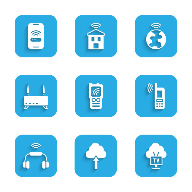 设置对讲机，云上传，智能电视，移动wi-fi无线，耳机系统，路由器和信号，全球技术和图标。向量图片下载