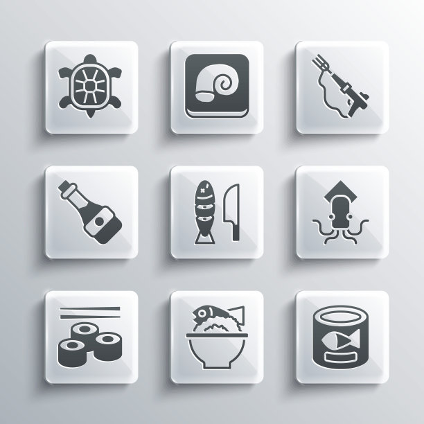 Set Served fish on a bowl，罐装，章鱼，鱼片，寿司，酱油瓶，乌龟和鱼叉图标。向量图片下载