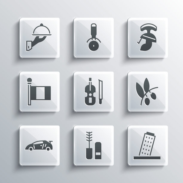 设置睫毛膏刷，塔在比萨，橄榄枝，小提琴，体育比赛，意大利国旗，覆盖托盘的食物和罗马军队头盔图标。向量图片下载