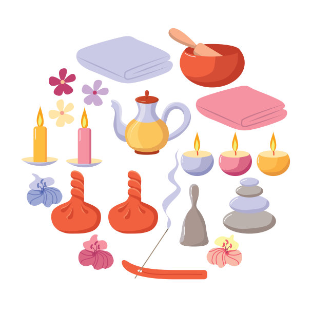 元素、按摩、冥想、精油、草药包、能量石、香薰烧闷烧棒、铃铛、毛巾、蜡烛、鲜花、唱钵。专业素质高的形象。图片下载