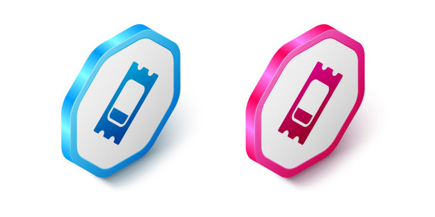 等距马戏票图标孤立的白色背景。游乐园。六角按钮。向量图片下载