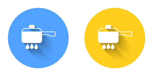 白色烹饪锅在火图标孤立与长阴影背景。煮或炖食物的标志。圆按钮。向量图片下载