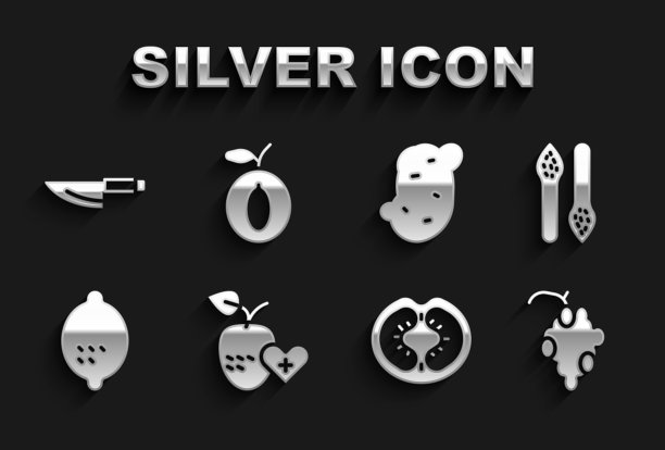 设置健康水果，芦笋，葡萄，番茄，柠檬，土豆，刀和李子的图标。向量图片下载