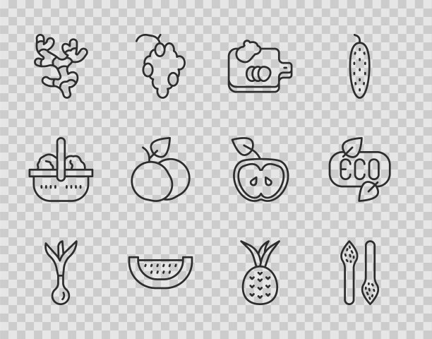 设置线洋葱，芦笋，菜板与蔬菜，西瓜，生姜根，芒果水果，菠萝和叶子生态标志图标。向量图片下载