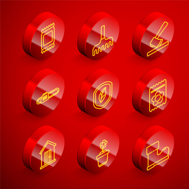 设置线肥料袋，花园耙，木斧，电锯，盾叶，包装植物的种子，农场房子和花盆图标。向量图片下载