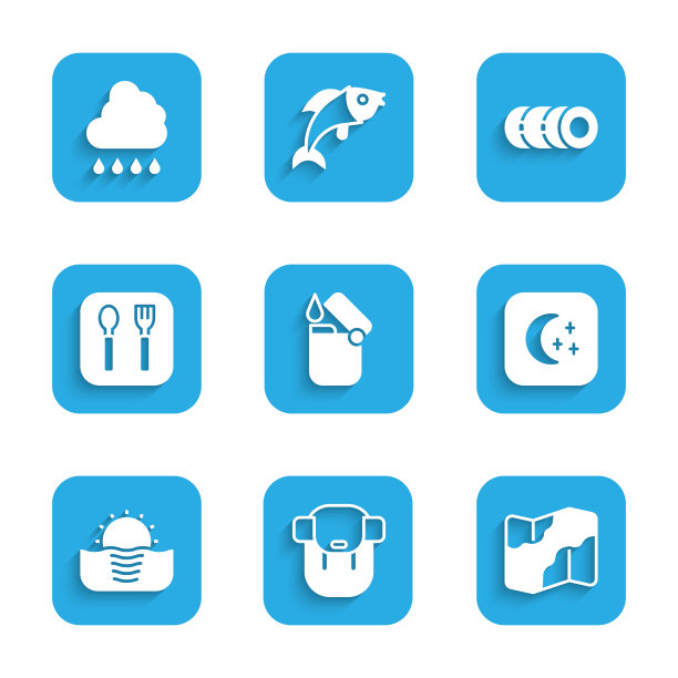 设置打火机，徒步背包，野营和徒步旅行地图，月亮星星，日出，叉子勺子，毛毯卷和云与雨的图标。向量图片下载