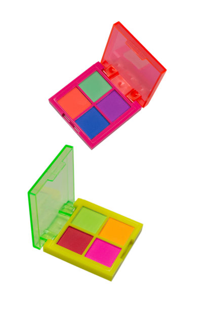 紫色，绿色，橙色和蓝色眼影调色板孤立在一个白色的背景。霓虹灯的颜色。图片下载