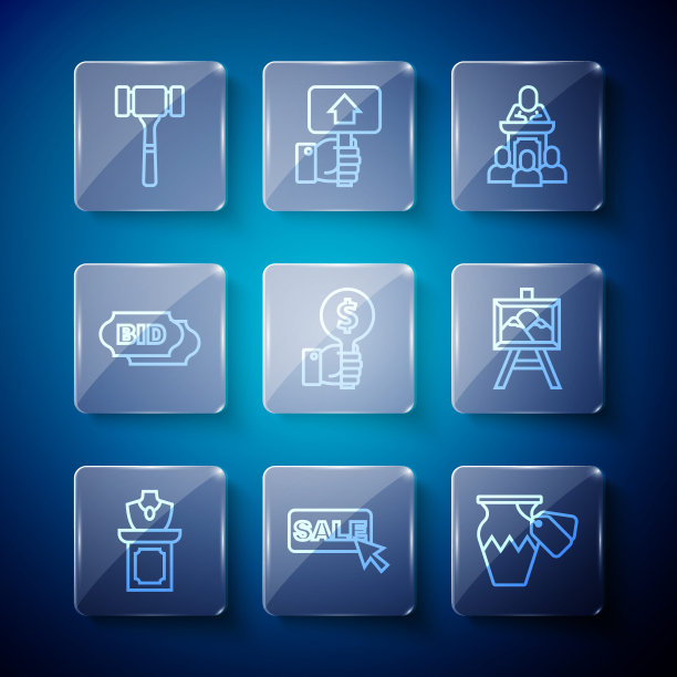 设置线拍卖珠宝出售，价格标签与出售，古代花瓶，拍卖师出售，手握桨，出价，锤子和绘画图标。向量图片下载