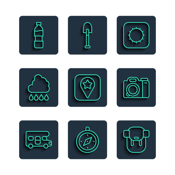 设置线房车房车，指南针，徒步旅行背包，太阳，露营的位置，云与雨，水和照片相机图标。向量图片下载