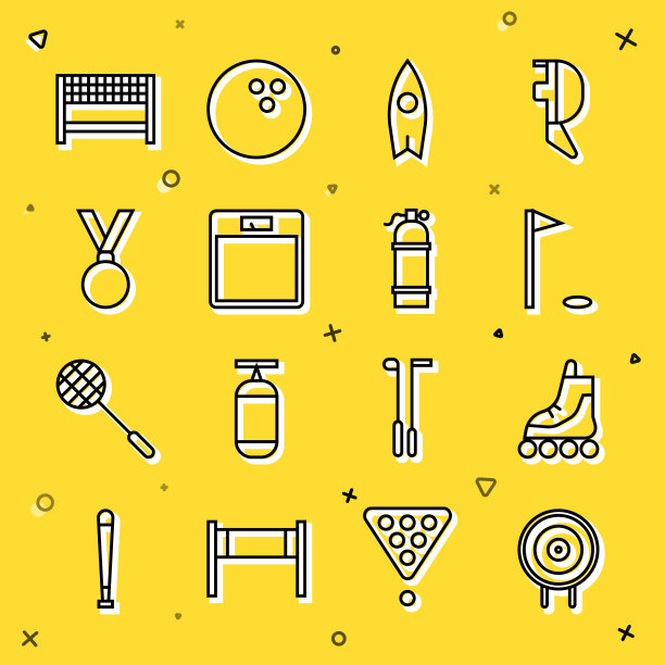 设置线目标运动，轮滑，高尔夫旗，冲浪板，浴室秤，奖牌，丝带在终点线和水龙图标。向量图片下载