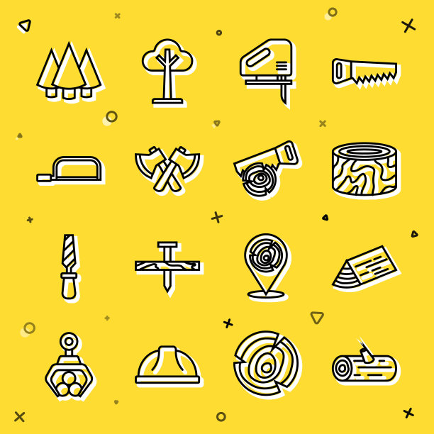 设置线原木，梁，树桩，电锯，斧头，钢锯，圣诞树和手和图标。向量图片下载