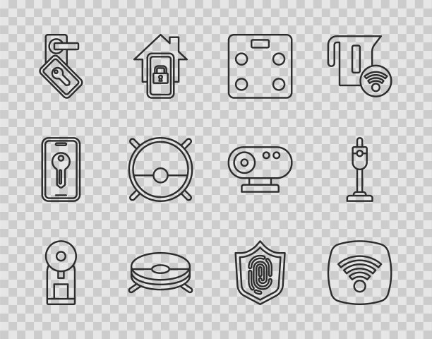 智能咖啡机，Wi-Fi无线上网，浴室磅秤，机器人吸尘器，数字门锁，指纹和真空图标。向量图片下载