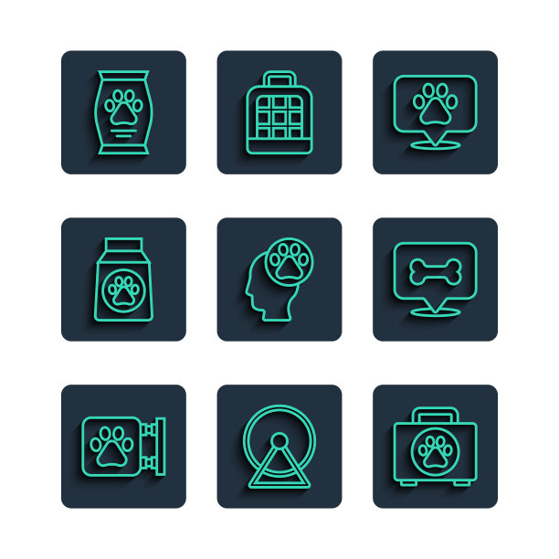 设置线兽医诊所，仓鼠轮，宠物急救箱，位置兽医，人类与动物足迹，袋装食物，和狗骨图标。向量图片下载