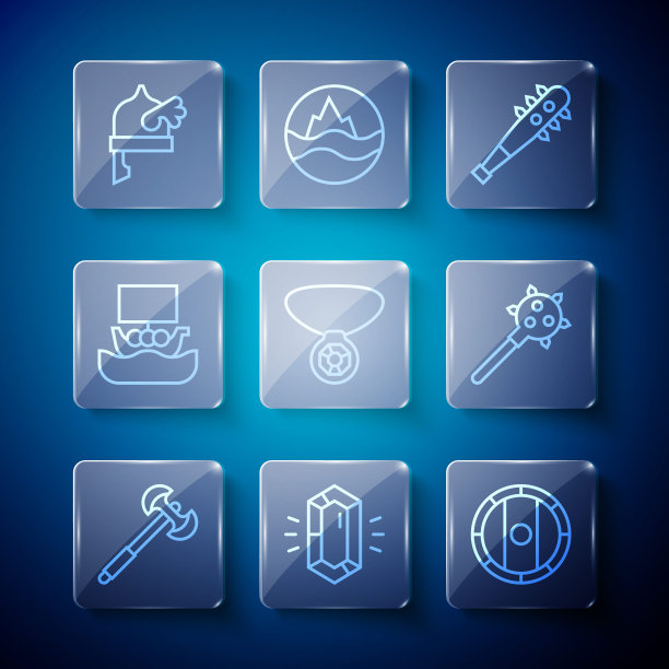 集线中世纪长柄斧，宝石石，盾牌维京，尖头锏，项链宝石，维京船德拉卡，有角的头盔和图标。向量图片下载