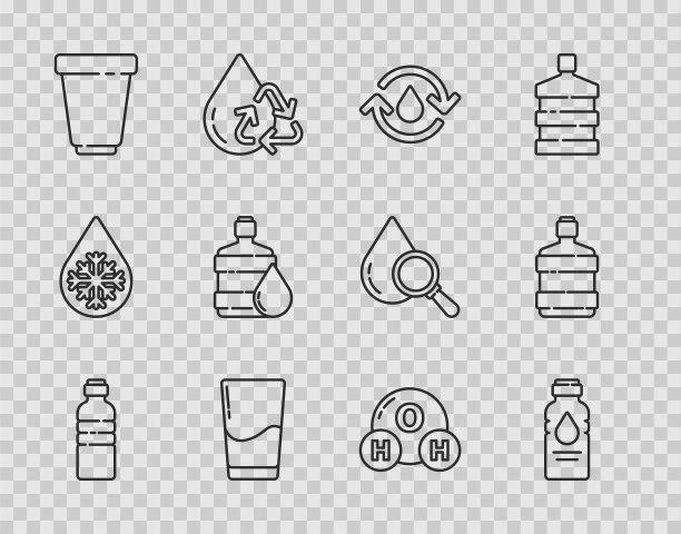 设置线瓶装水，回收水，玻璃，水过滤器滤芯，大瓶，水的化学配方和图标。向量图片下载