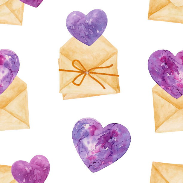 水彩无缝图案与宝石紫心，信封在白色的背景图片下载