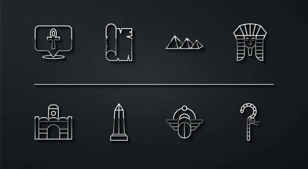设置线十字十字，埃及的房子，法老，圣甲虫，亚历山大方尖碑，纸莎草卷轴，克鲁克和金字塔的图标。向量图片下载