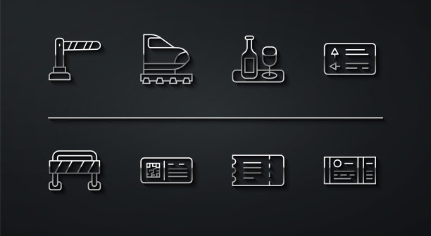 设置线铁路障碍，道路，交通路标，火车票，二维码火车，高速，和酒瓶与玻璃图标。向量图片下载