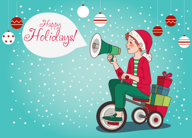 可爱的孩子骑自行车。有趣的孩子对着扩音器大喊大叫。圣诞插画矢量概念图片下载