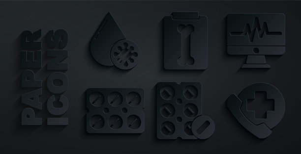 将药片放在吸塑包装中，监测心电图，紧急呼叫医院，x光，血液测试和病毒图标。向量图片下载