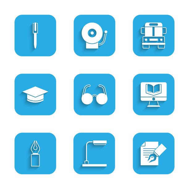 眼镜，台灯，考卷和铅笔，在线课堂，喷泉笔尖，毕业帽，校车和钢笔图标。向量图片下载