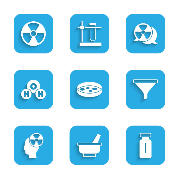 设置细菌培养皿、研钵和杵、试管烧瓶、漏斗过滤器、头辐射标志、水化学分子式、放射性物质和图标。向量图片下载