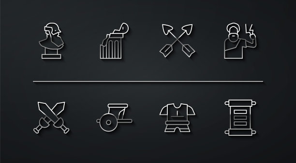 设置线古代半身像雕塑，交叉的中世纪剑，宙斯，身体盔甲，战车，破碎的古代圆柱，法令，羊皮纸，卷轴和箭头图标。向量图片下载