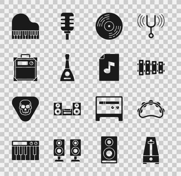 设置节拍器与钟摆，铃鼓，木琴，乙烯基磁盘，巴拉莱卡，吉他放大器，大钢琴和音乐书笔记图标。向量图片下载