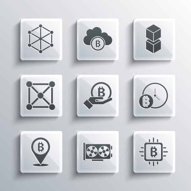 设置视频图形卡，CPU矿场，比特币与时钟，手握，区块链技术，和图标。向量图片下载