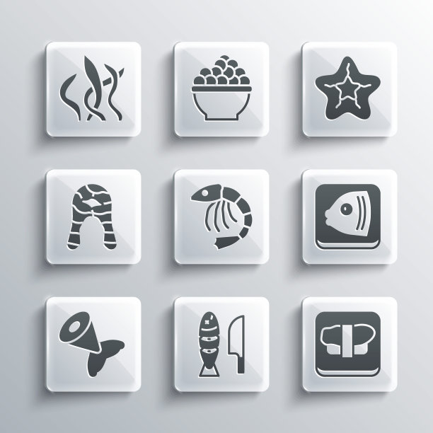 鱼片，寿司在砧板上，头，虾，尾，牛排，海草和海星图标。向量图片下载