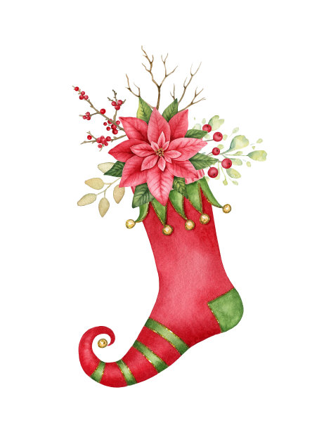 带有节日花束的圣诞袜。图片下载