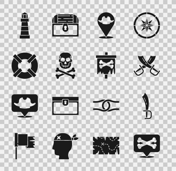 设置位置海盗，海盗剑，交叉剑，骷髅交叉骨，救生圈，灯塔和旗帜图标。向量图片下载