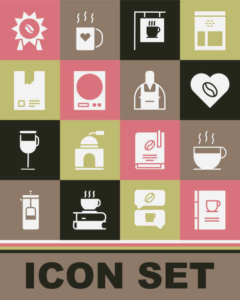 设置咖啡书，杯子，情人，街头招牌咖啡，电子天平，袋豆，勋章和咖啡师图标。向量图片下载