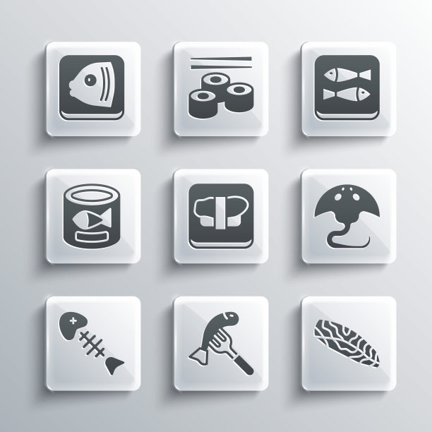 Set Served fish on a plate, fish steak, Stingray, Sushi cutting board, skeleton，罐装，头和图标。向量图片下载