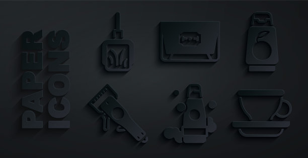 设置瓶洗发水，电理发器，咖啡杯，刀片剃须刀和簸箕图标。向量图片下载