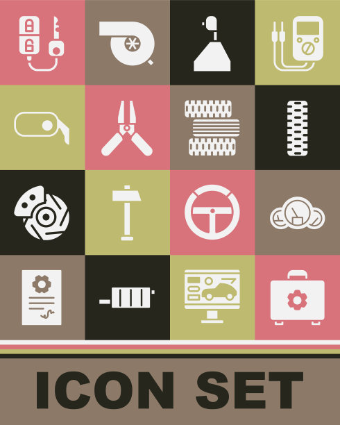 设置工具箱，速度计，汽车轮胎车轮，变速杆，电池跳线电源线，后视镜，遥控器和图标的关键。向量图片下载