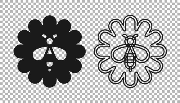 黑色蜜蜂花图标孤立的透明背景。甜蜜的天然食品。有翅膀的蜜蜂或蜜蜂。飞行昆虫。向量图片下载