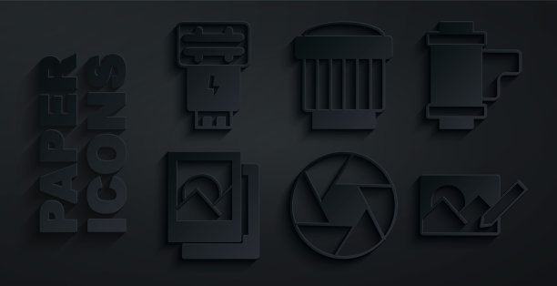 设置相机快门，卷筒，相框，修饰，照片镜头和相机闪光灯图标。向量图片下载