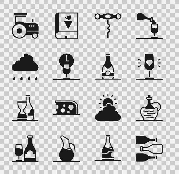 葡萄酒，葡萄酒意大利惨败瓶，玻璃，开塞钻，时间，云与雨，拖拉机和香槟图标。向量图片下载