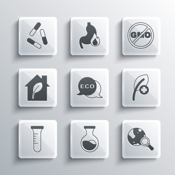 设置试管和烧瓶，带地球仪的放大镜，叶片或叶片，生态健康食品标签，生态友好住宅，病毒和无转基因图标。向量图片下载
