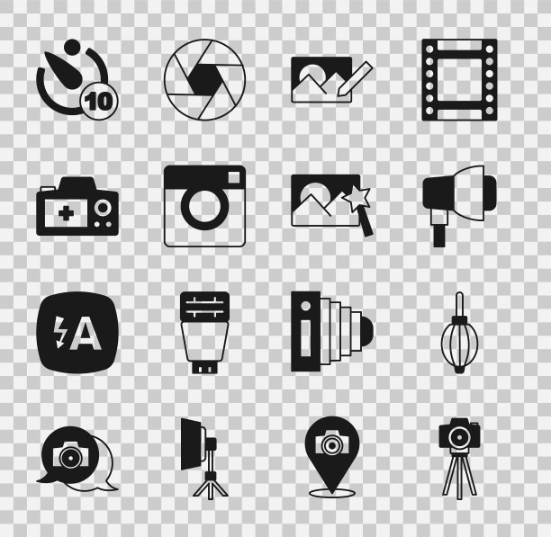 设置照片相机，吹灰器，软盒灯，修饰，相机定时器和图标。向量图片下载